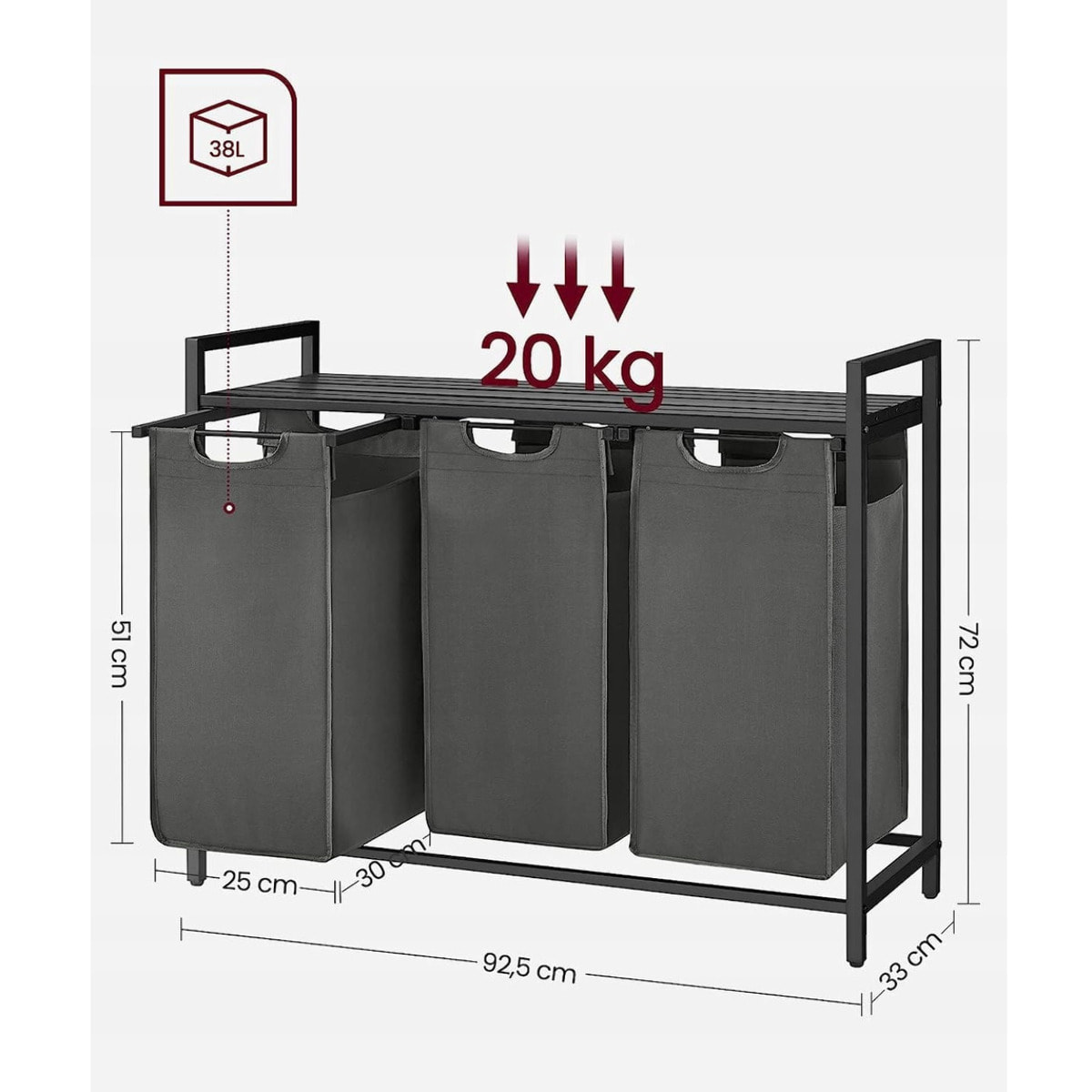 Mobile lavanderia con 3 cesti portabiancheria antracite