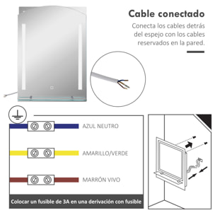 Espejo de Baño con Luces LED 70x50 cm Espejo para Baño con Interruptor Táctil Iluminación Regulable Función de Memoria y Estante de Vidrio para Salón Entrada Plata
