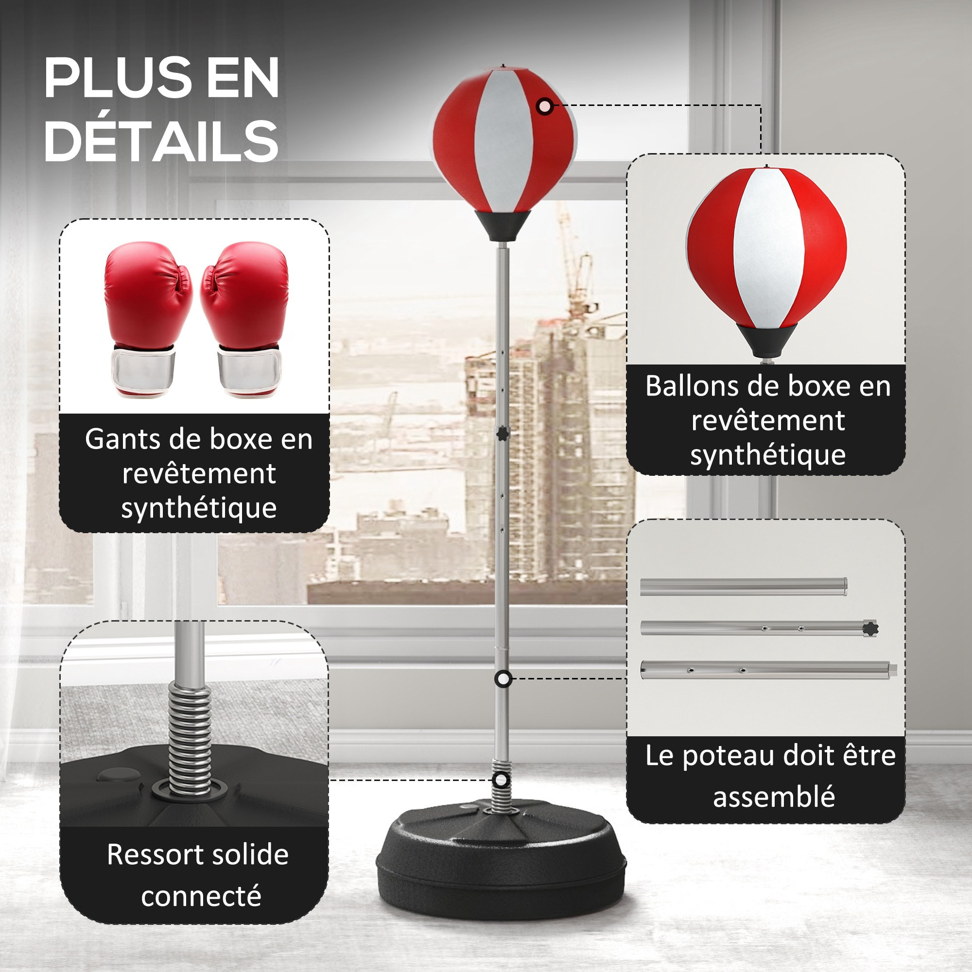 Punching ball sur pied réglable en hauteur 126-144 cm avec gants, pompe et base de lestage rouge blanc