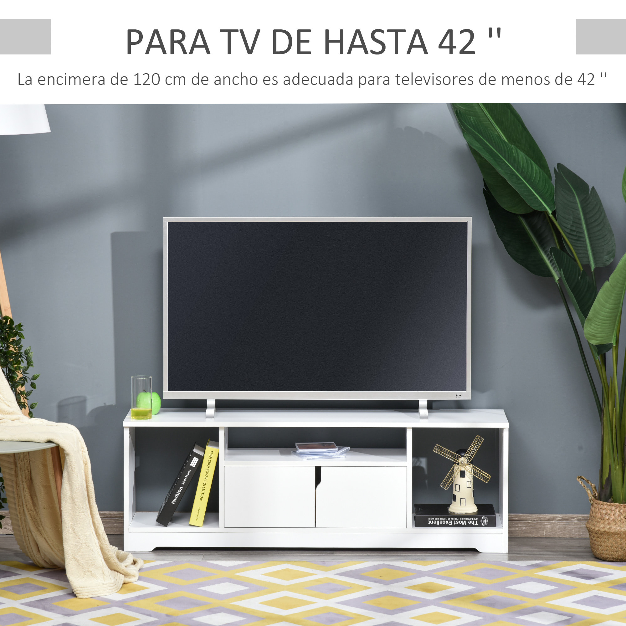 Mueble de TV para Televisor de hasta 42" Mesa para TV de Salón Moderna con Armario de Doble Puerta y 3 Compartimentos Abiertos 120x30x41cm Blanco