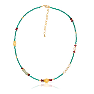 Collar de ojo de gato, lapislázuli, ámbar y perlas naturales con cierre de mosquetón.