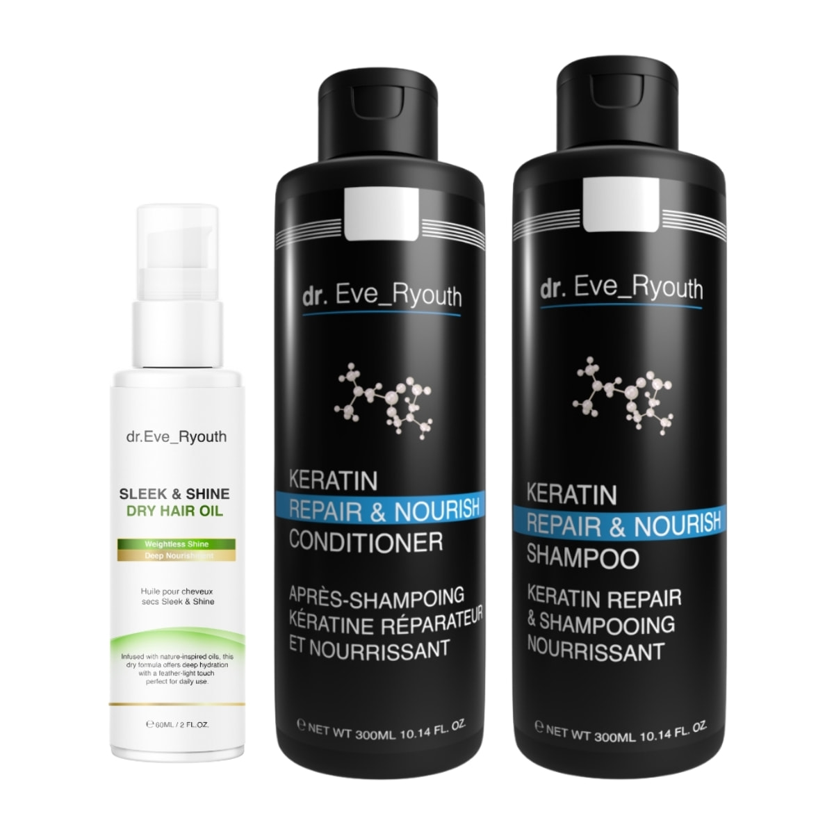 Set de champú, acondicionador y aceite capilar con queratina