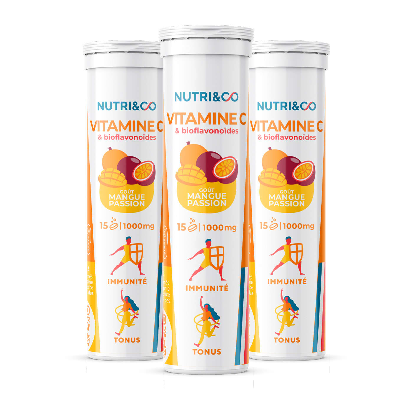 Vitamine C - Immunité et Tonus - Goût Mangue-Passion - 15 comprimés Vegan - Lot de 3