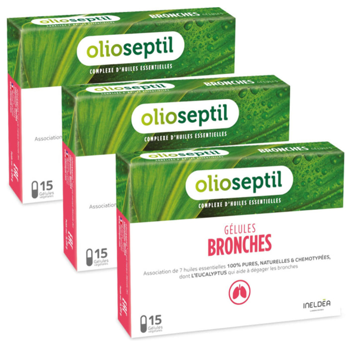 OLIOSEPTIL - Gélules Bronches - Complexe d'huiles essentielles pures - Gélules végétales L-Vcaps - Dès 15 Ans - Aide à dégager les bronches et assainir les voies respiratoires - Lot de 3