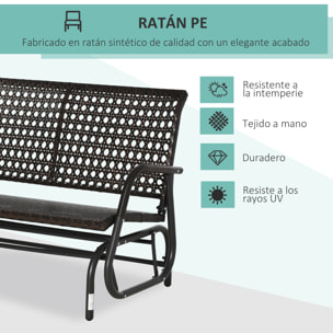 Outsunny Banco Balancín de Ratán de 2 Plazas Mecedora de Jardín con Balanceo Ergonómico y Marco de Metal para Terraza Balcón Exterior Carga 220 kg 70x120x84 cm Marrón