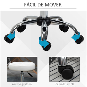 Taburete Giratorio con Ruedas Regulable en Altura de 48-63 cm Taburete de Trabajo Tapizado en Cuero PU para Peluquería Cosmética Dentista Diámetro Ø35,5 cm Blanco
