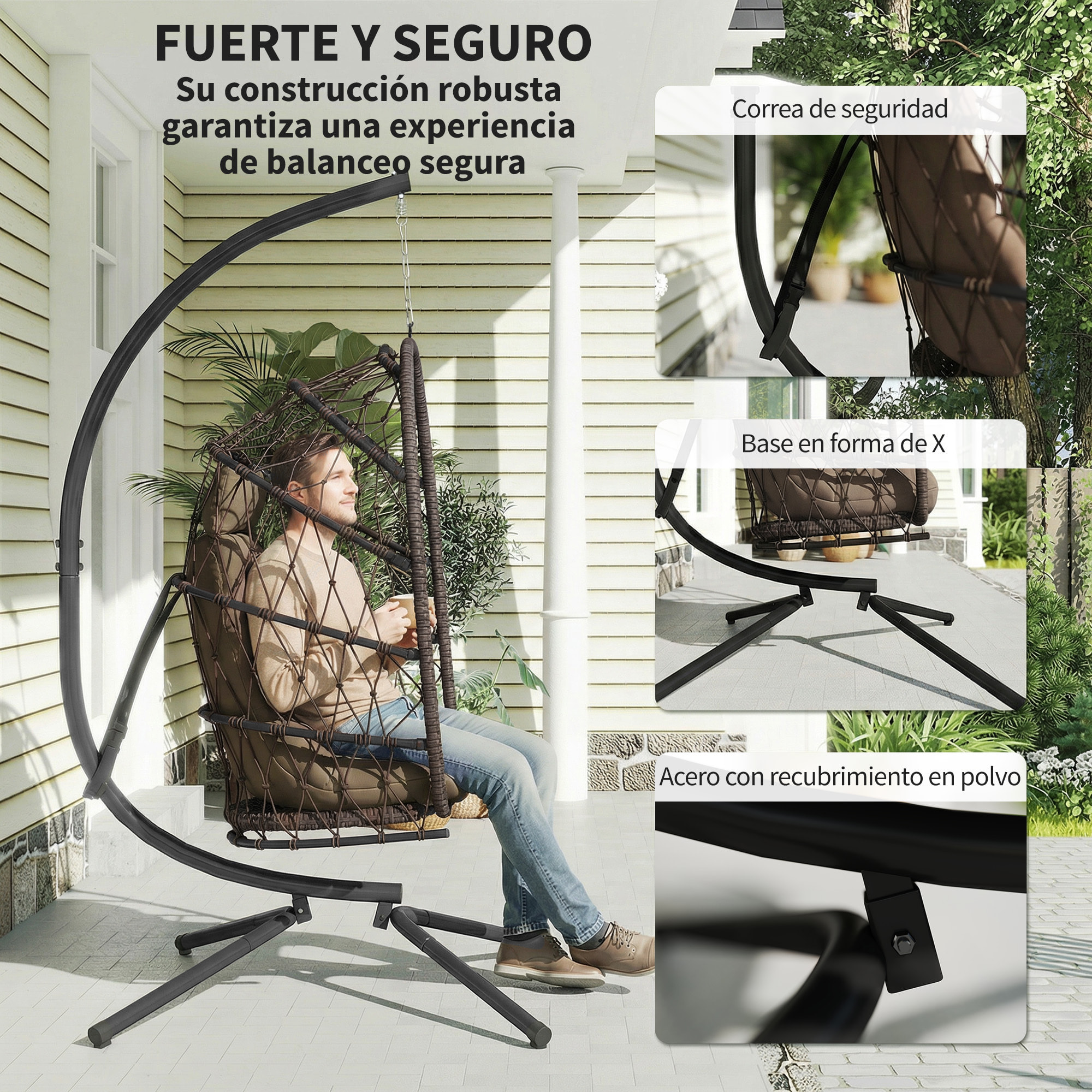 Silla Colgante Huevo con Soporte, Columpio Jardín Exterior con Cesta Plegable de Ratán, Cojín Grueso, Reposacabezas, Altura Ajustable, Funda Protectora Cuerda para Interior y Exterior, Marrón