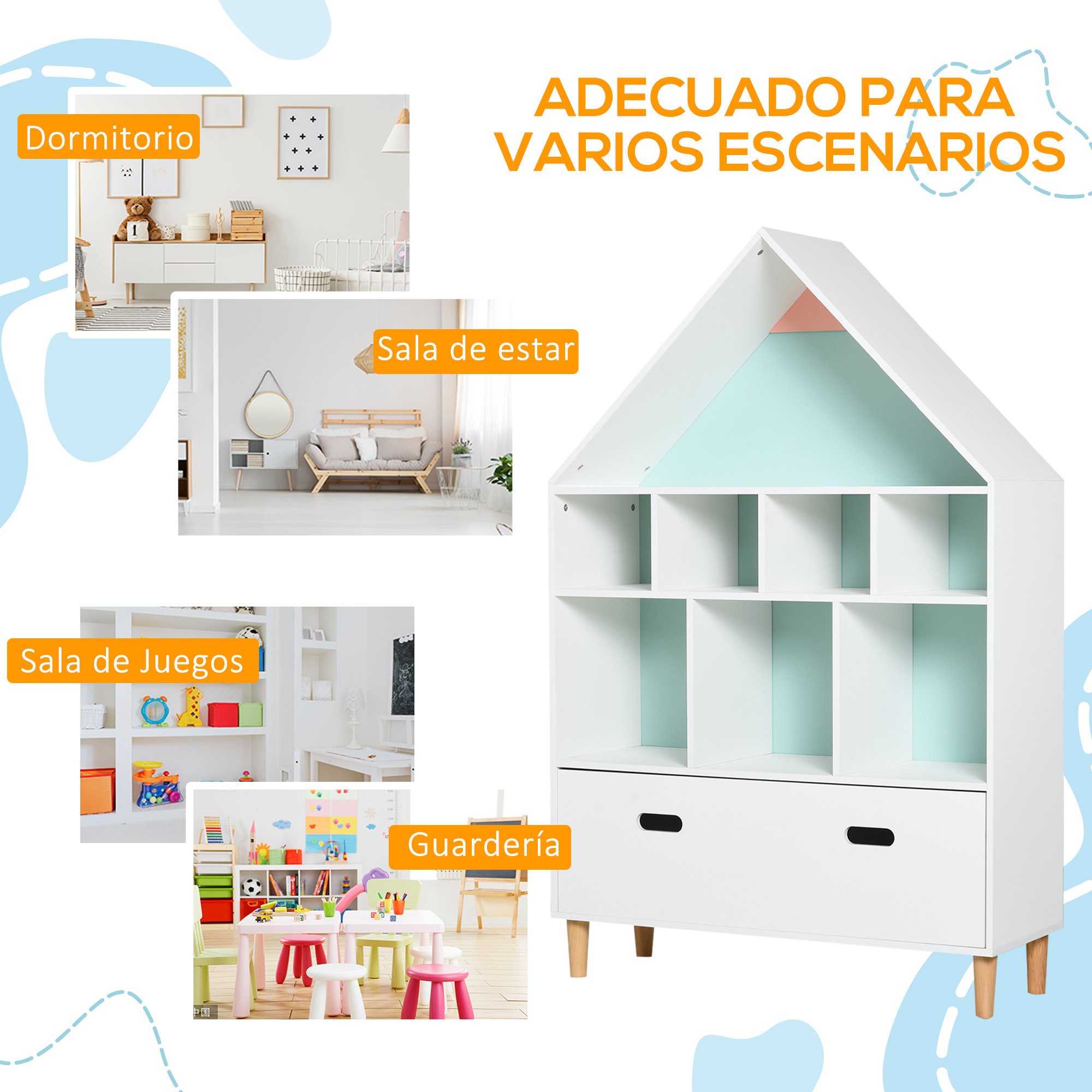 Estantería de Madera Infantil con 8 Compartimentos en Forma de Casa de 2 Colores