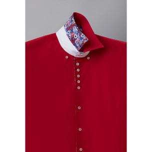 Camicia Uomo Manica Corta 2 Bottoni Button Down 7 Botto Popeline Stretch Unito Rosso