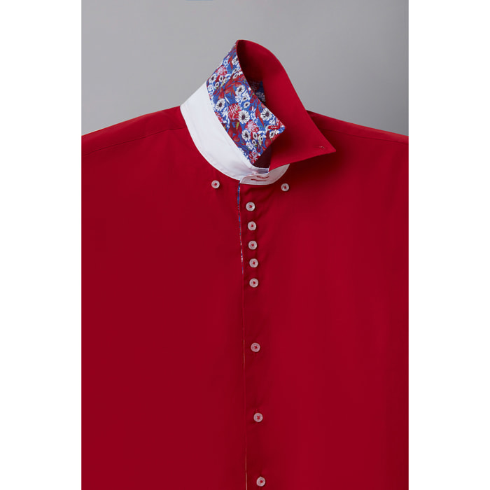 Camicia Uomo Manica Corta 2 Bottoni Button Down 7 Botto Popeline Stretch Unito Rosso