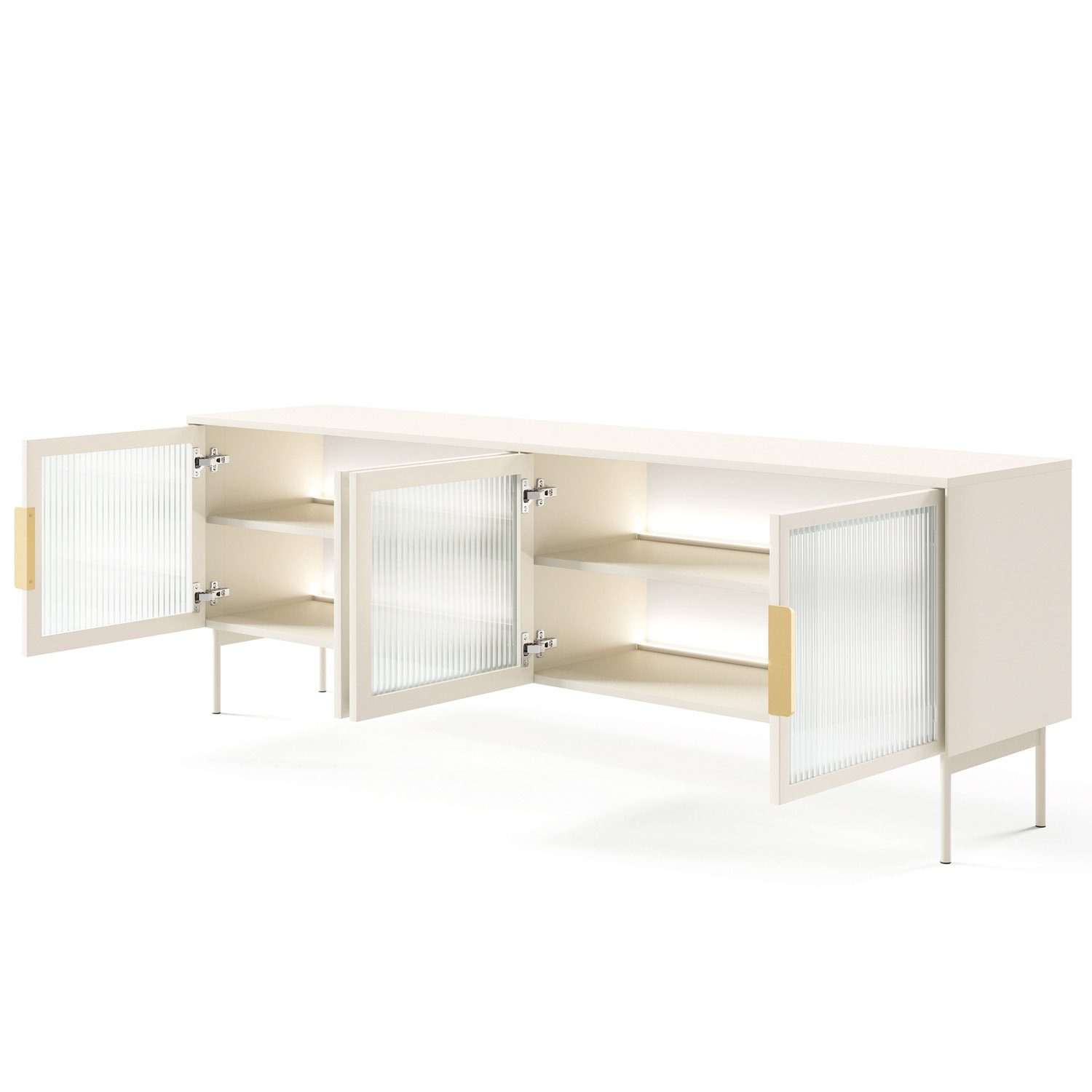 Mobile Tv elegante con 4 ante in vetro, ripiani interni e illuminazione LED integrata. Struttura resistente laminato 181.3 x 39.3 x 61.6 cm Cashmere