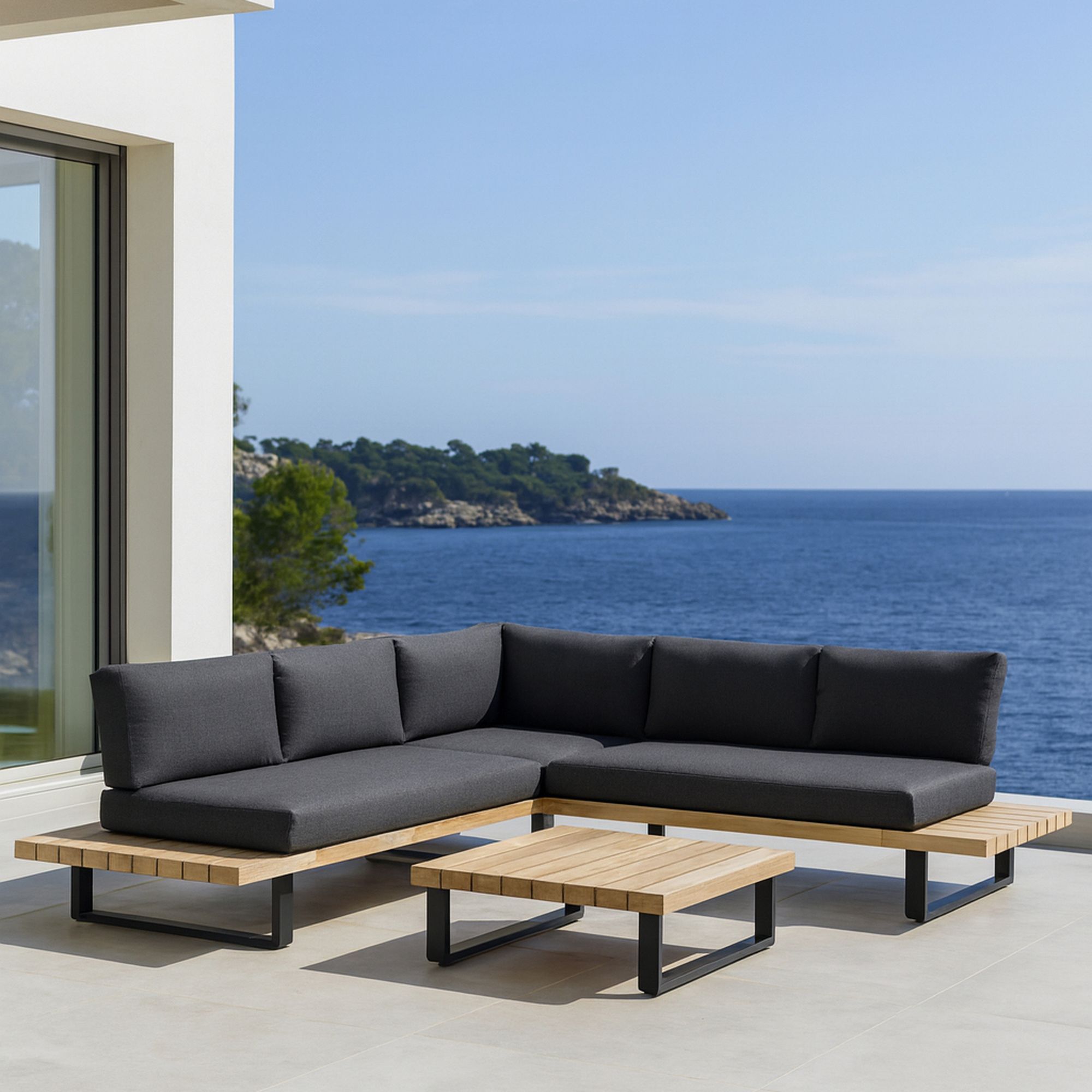 Salon de jardin en bois d'acacia et coussins noir 6 places DOURO