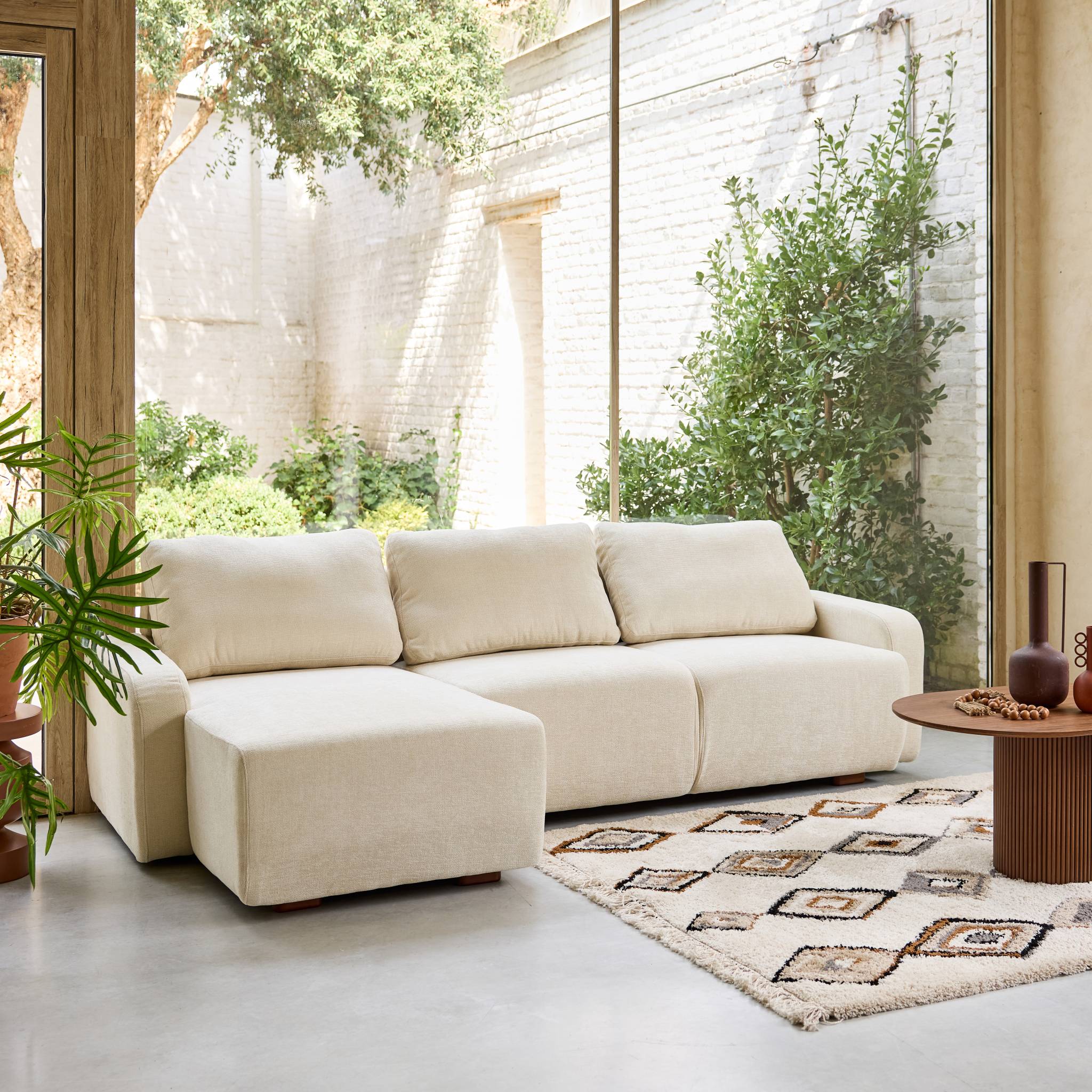 Canapé d'angle gauche 3 places tissu blanc cassé L 260 x P 88 / 139cm / x H 87cm - Dany