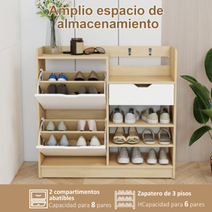 Zapatero Estrecho con 2 Puertas, Zapatero Entrada Recibidor con Estantes Ajustables, Cajón, Estantes Abiertos, 4 Ganchos, para 14 Pares de Zapatos, 93x30x90 cm, Natural y Blanco