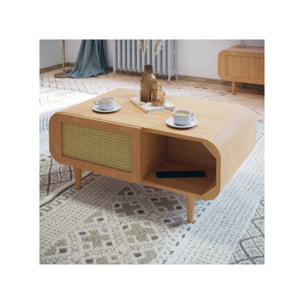 Table basse 100 cm 2 portes 1 tiroir rotin et décors chêne - BEVERLY