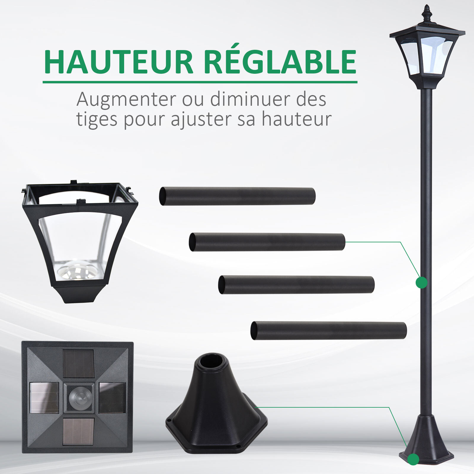 Outsunny Luminaire extérieur solaire lampadaire lanterne classique LED 10 Lm dim. 15L x 15l x 120H cm noir