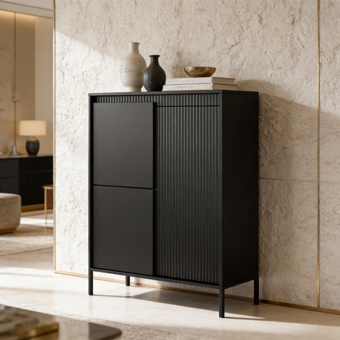 Credenza Alta 3 Ante Push To Open Con 5 Ripiani 7 Vani Mobile Soggiorno Salotto Zona Living Design Moderno Minimal 103.5 x 123.4 x 39.5 Cm Nero