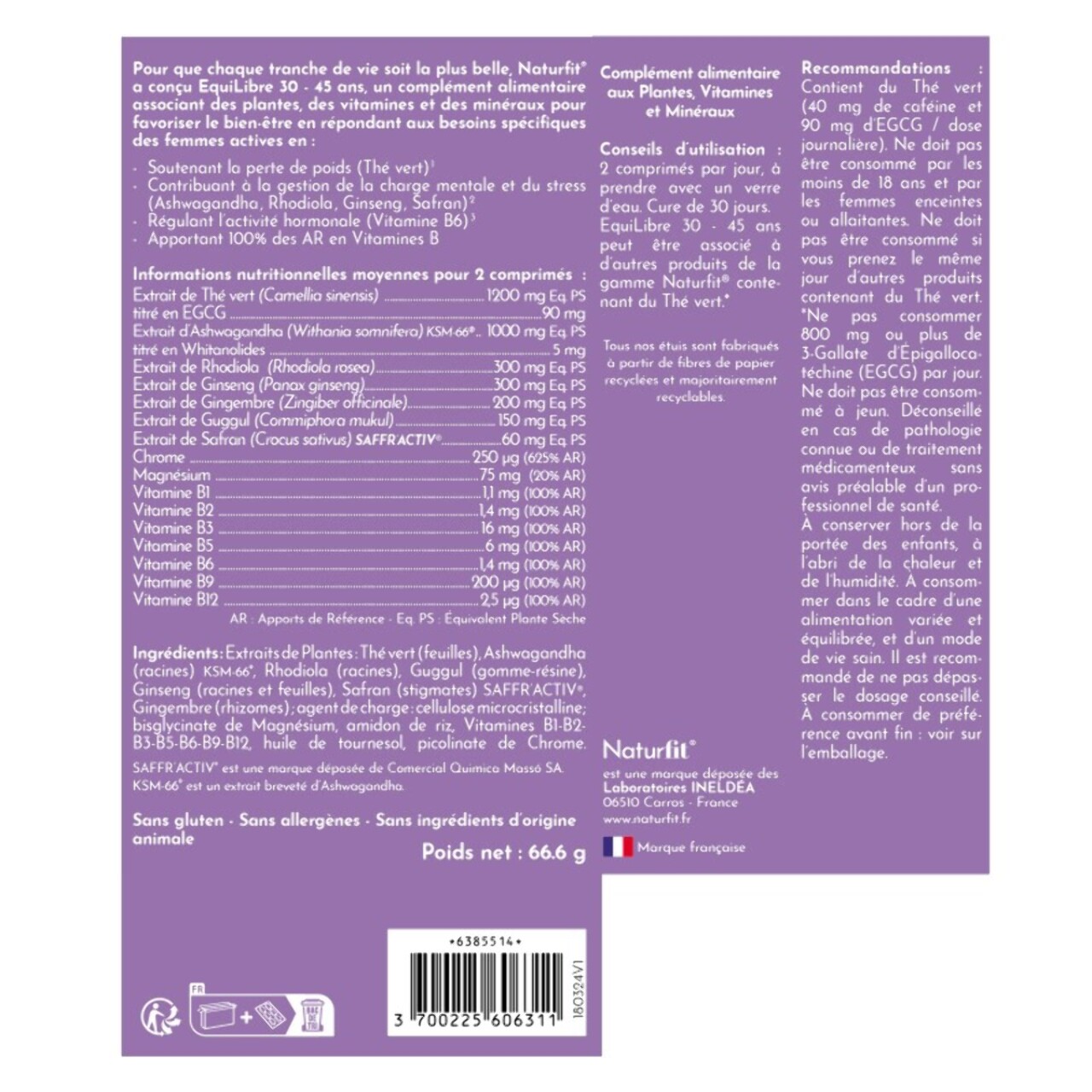 NATURFIT EquiLibre 30-45 ans - Pour un bon équilibre hormonal - Complément alimentaire charge mentale, gestion du stress et du poids - Sans gluten ni allergène - Cure 30 jours - 60 comprimés