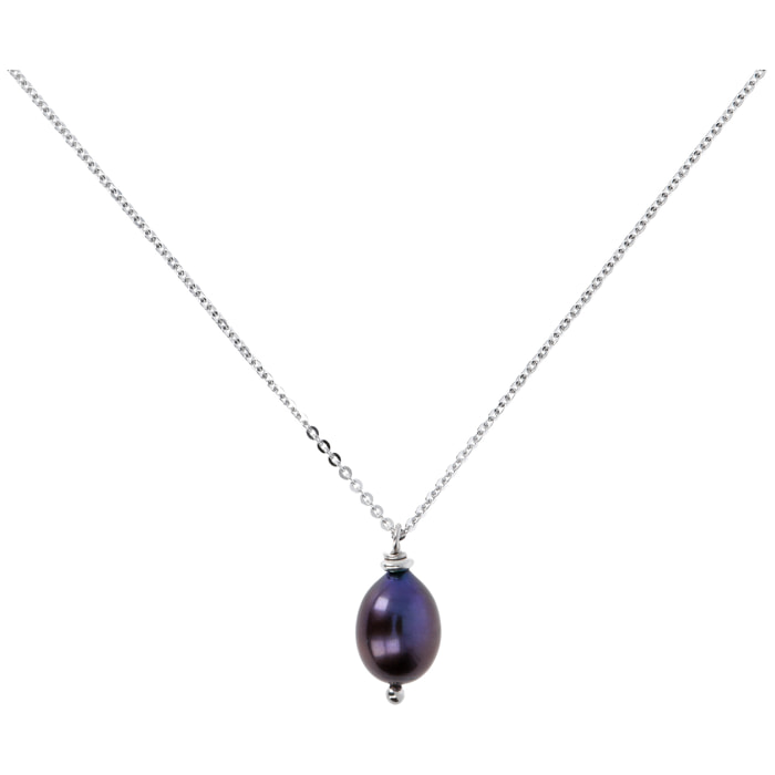 Collana Catena Rolo in Argento 925 con Pendente in Perla d'Acqua Dolce Verde Petrolio Ø 8/9 mm