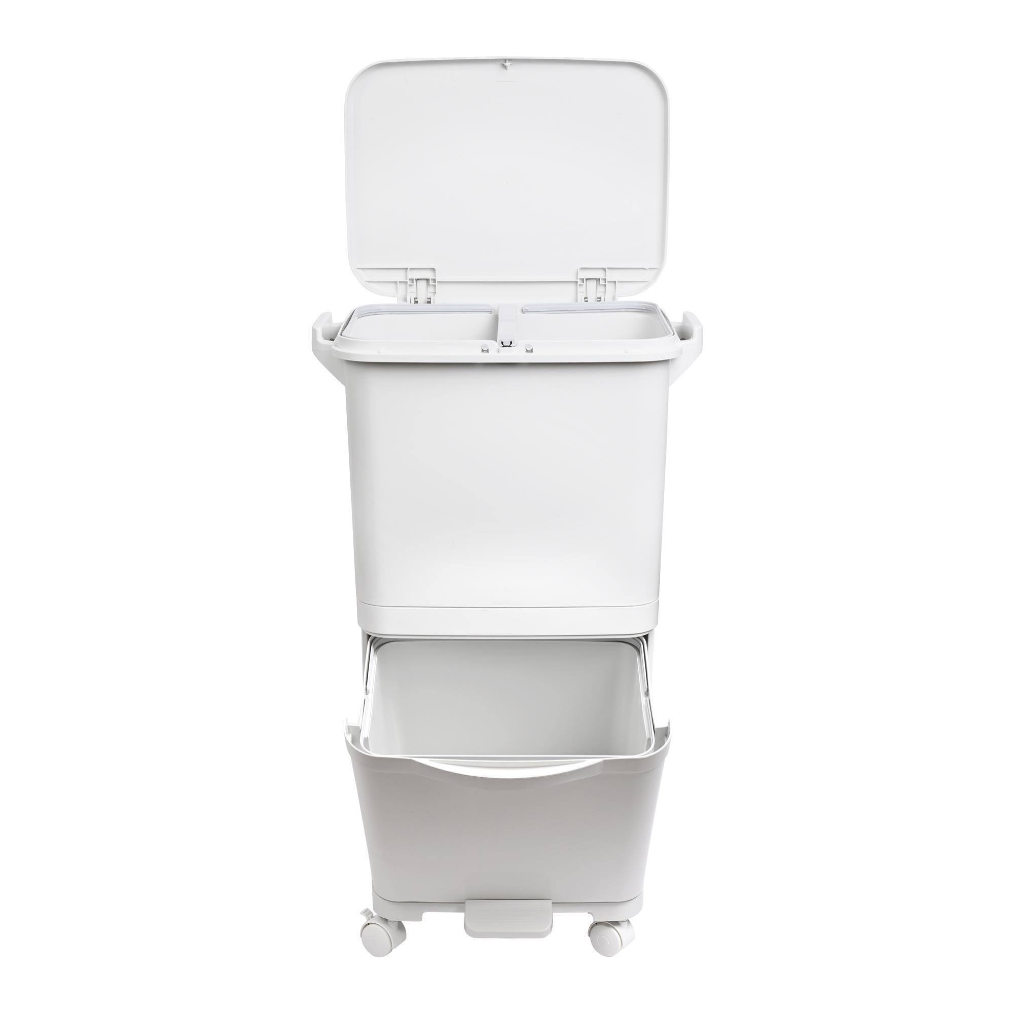 Papelera de reciclaje con 2 compartimentos de 24L + 14L, con pedal y ruedas, gris