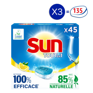 135 lavages - Tablettes Lave-Vaisselle Tout En 1 SUN Citron Ecolabel (Lot de 3x45)