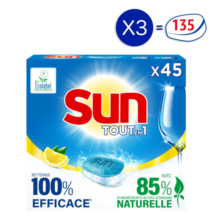 135 lavages - Tablettes Lave-Vaisselle Tout En 1 SUN Citron Ecolabel (Lot de 3x45)