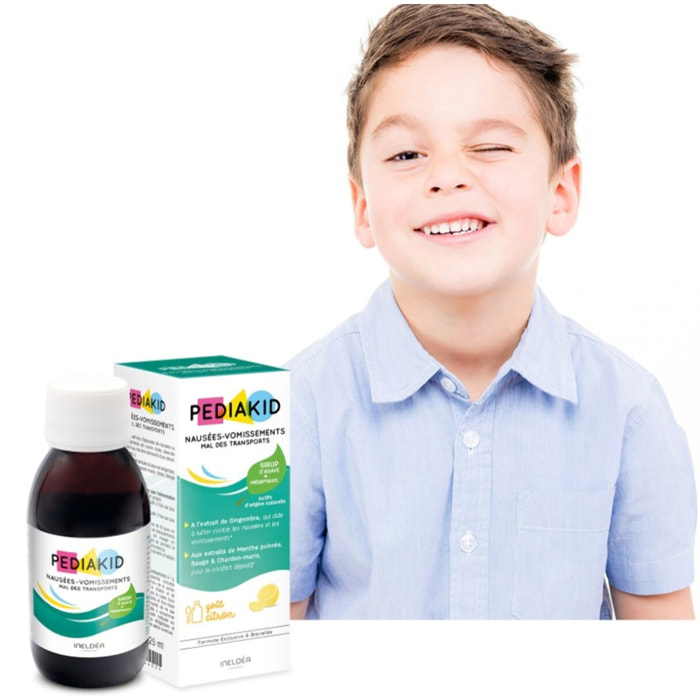 PEDIAKID - Sirop Nausées-vomissements Mal des Transports - Complément alimentaire à base de plantes - Confort digestif - Contre les nausées & vomissements - Goût citron - Flacon 125 ml
