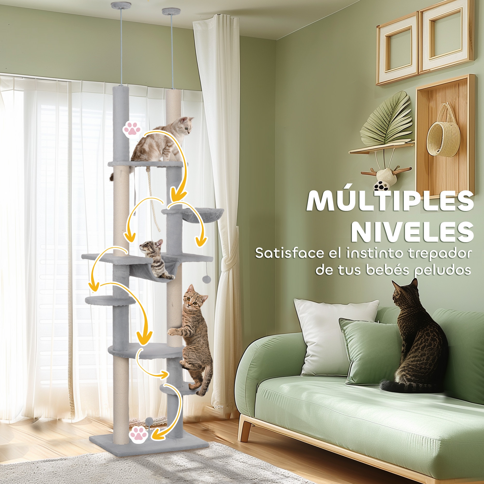 Árbol para Gatos de Suelo a Techo 225-255 cm Árbol Rascador para Gatos de 7 Niveles Torre para Gatos con Hamacas Plataformas Juguete de Cuerda Bola de Juguete Gris