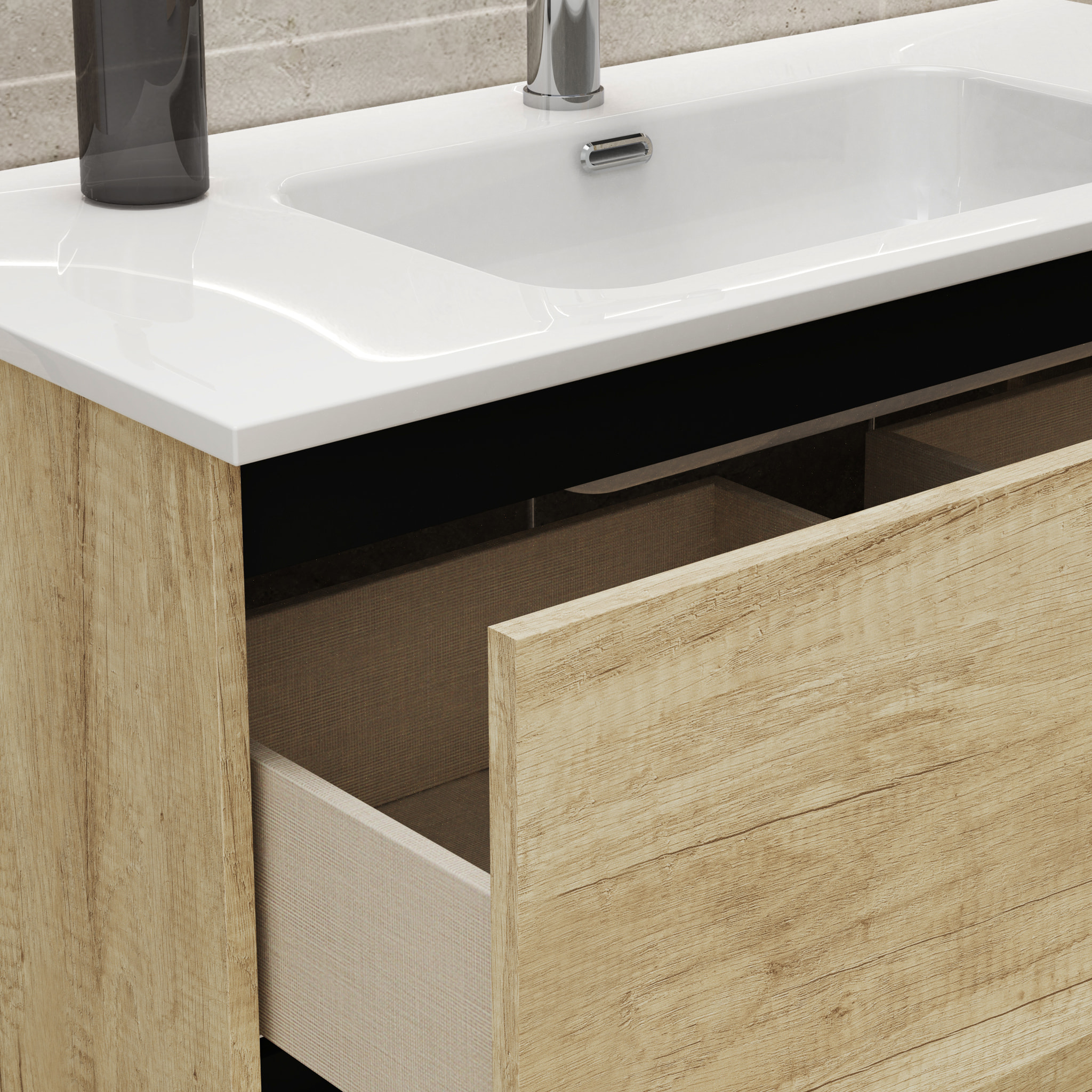 Conjunto de Baño Gloom | Mueble de Baño Suspendido | 90 cm Nature| Dos Cajones | Lavabo Encastrado | Mueble Montado | Alday
