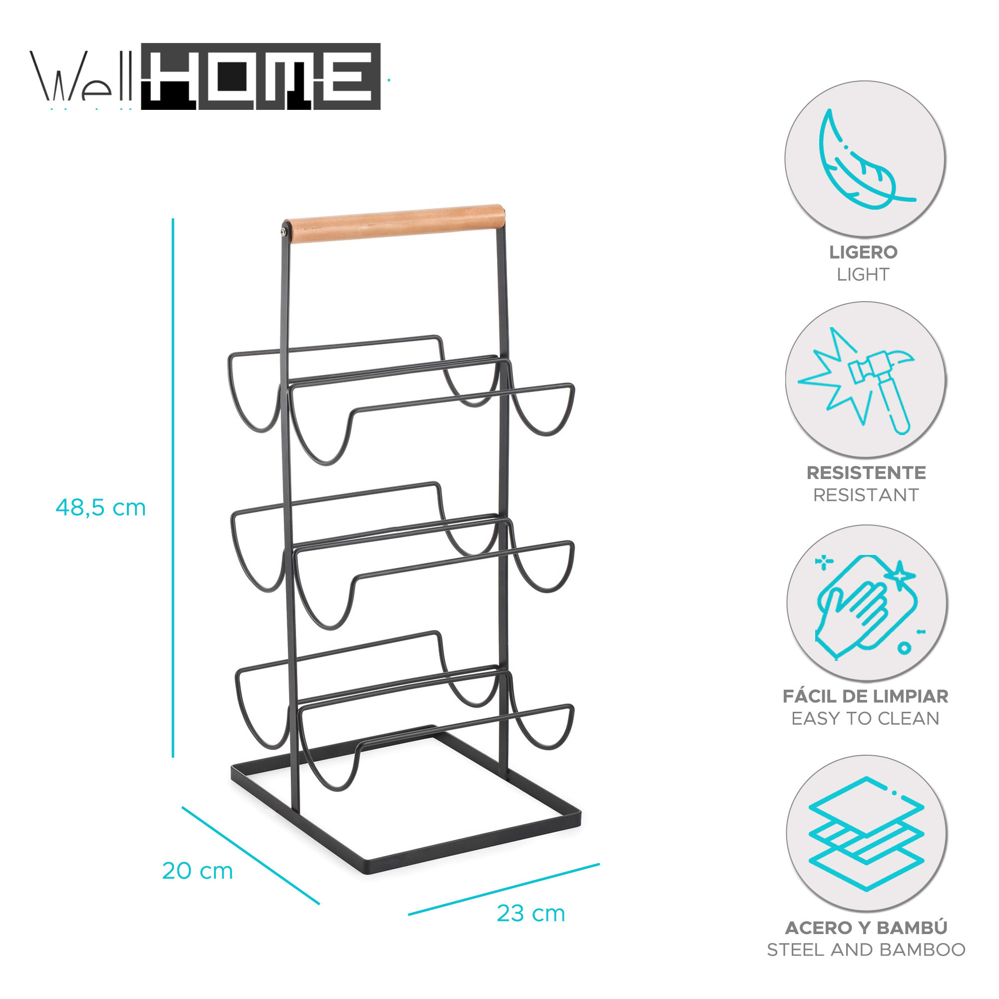 Botellero para 6 Bottellas de 23x20x48,5cm - En metal y bambú de color negro Mate