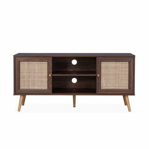 Meuble TV en cannage 120x39x56.5cm -  Bohème - couleur bois foncé. 2 niveaux. 2 étagères. 2 portes. pieds scandinaves