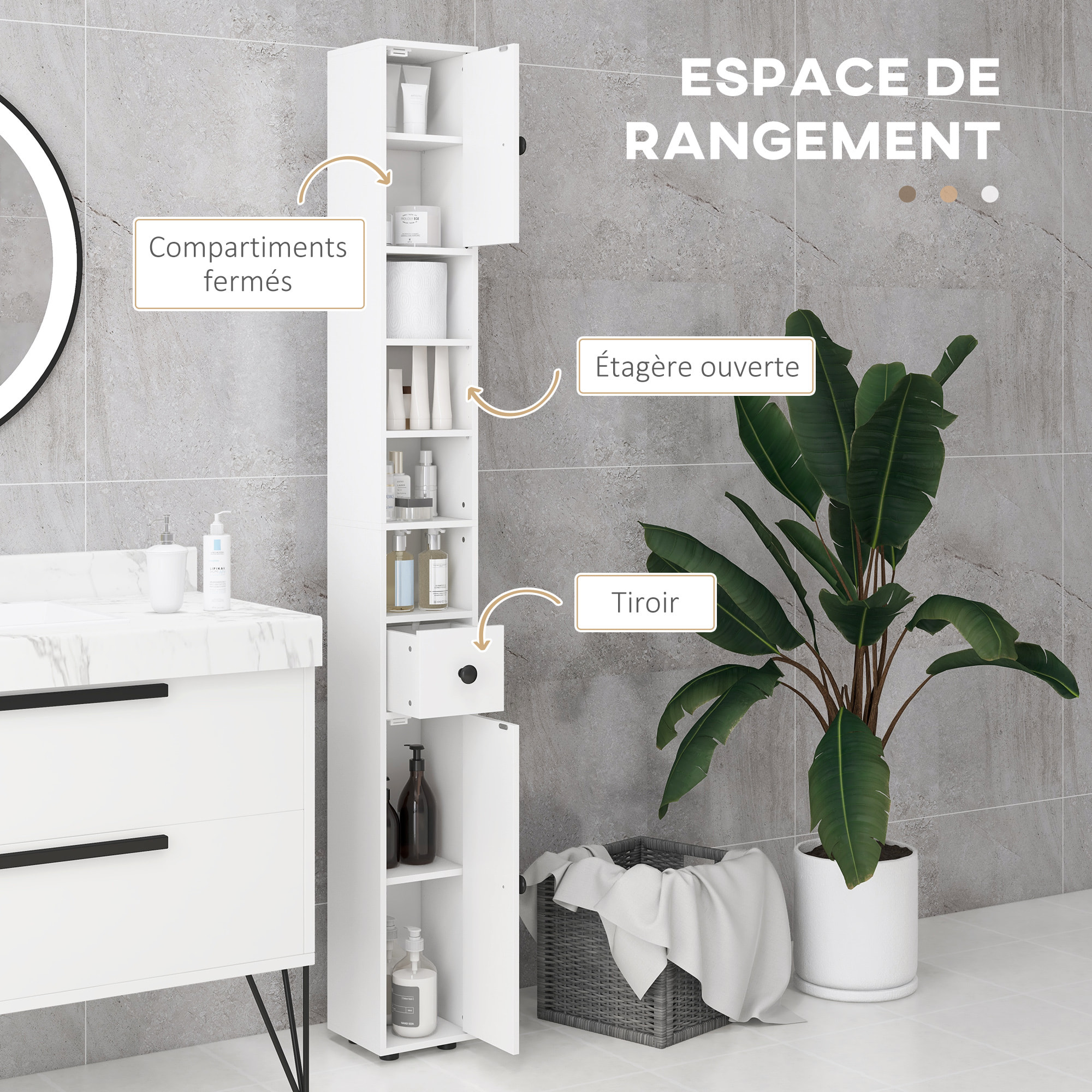 Meuble colonne salle de bain 2 portes 2 étagères 4 niches tiroir poignées métal noir panneaux blanc