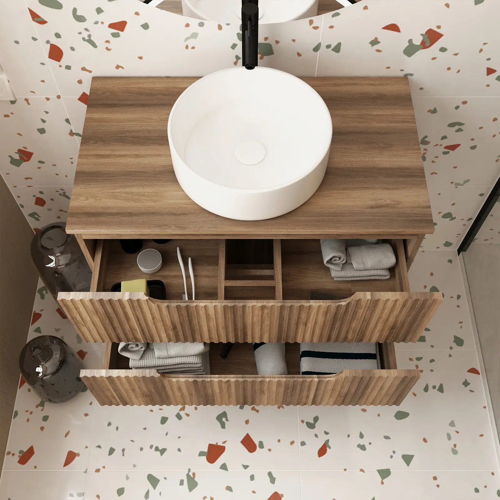 Meuble de Salle de Bains LEON 80cm Decor Bois - 2 Tiroirs en MDF Ondules - Vasque Ronde 36cm