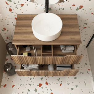 Meuble de Salle de Bains LEON 80cm Decor Bois - 2 Tiroirs en MDF Ondules - Vasque Ronde 36cm