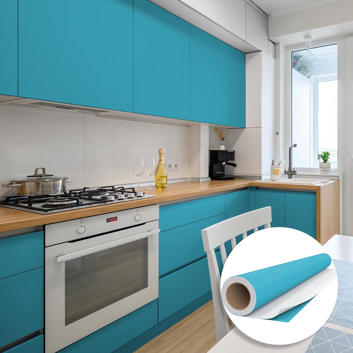 Rouleau adhésif décoratif Vinyle au Mètre - Bleu ciel - Sticker Lavable Imperméable Mur Cuisine Meubles