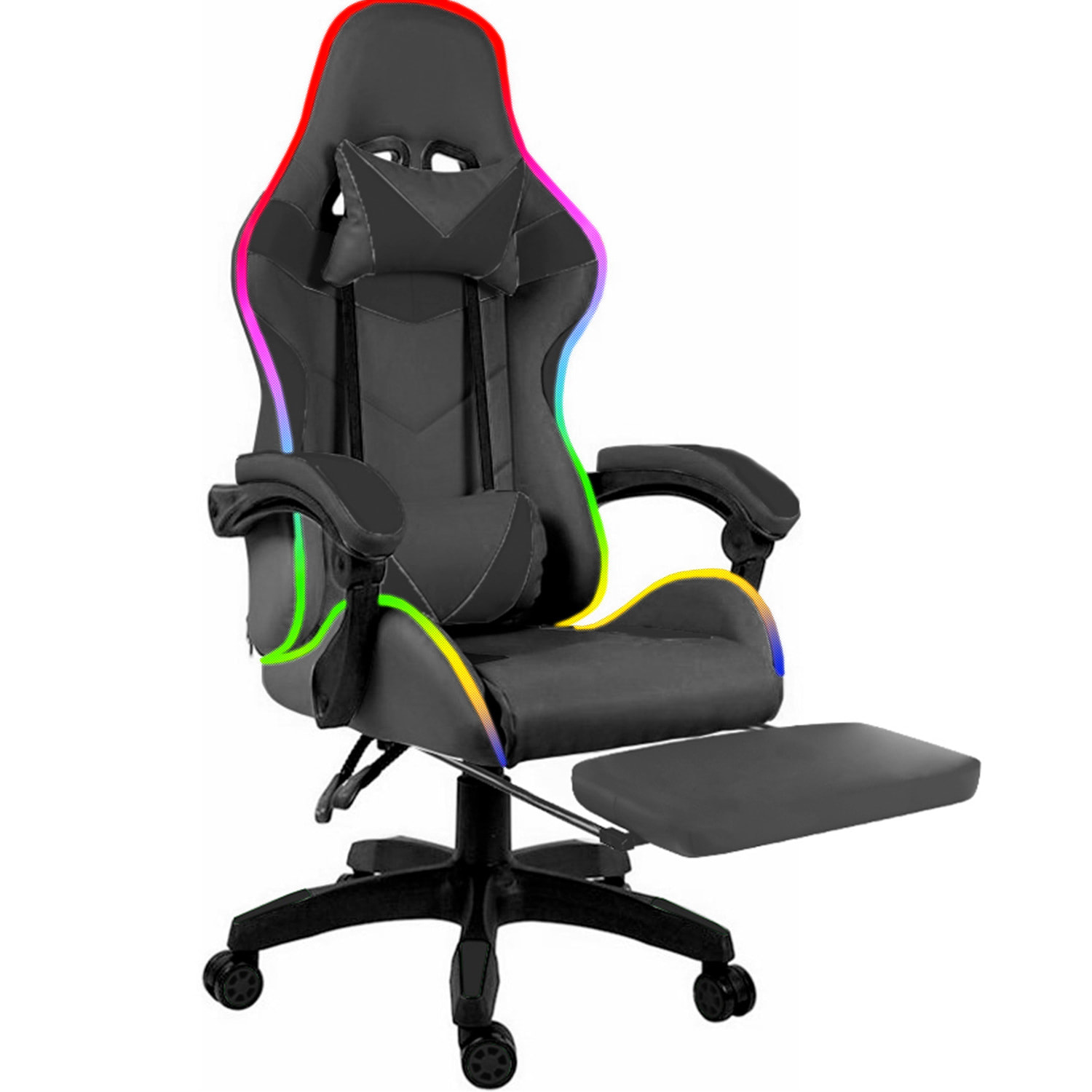 Sedia Gaming Con LED RGB Telecomando Poltrona Ufficio Scrivania Casa PC Racing Girevole Ergonomica Ecopelle Cuscino Lombare Poggiapiedi Nero