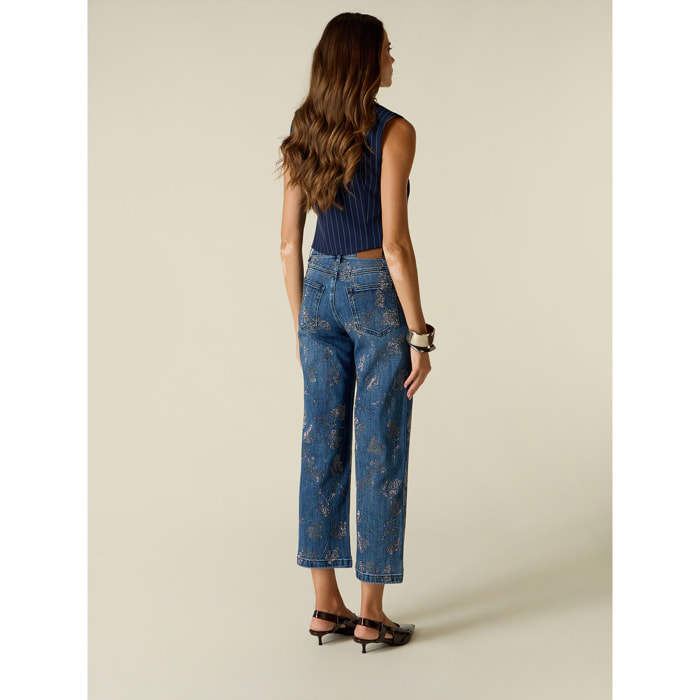 Oltre - Jeans cropped con aplicación de cristales - Azul
