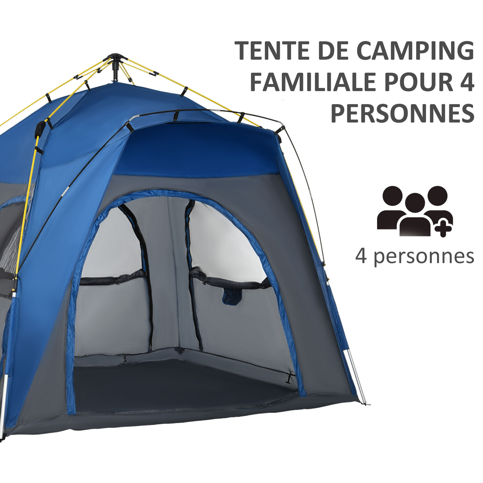 Tente de camping familiale 4 personnes montage instantanée pop-up 4 fenêtres pare-soleil dim. 2,4L x 2,4l x 1,95H m fibre verre polyester bleu anthracite