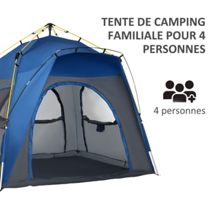 Tente de camping familiale 4 personnes montage instantanée pop-up 4 fenêtres pare-soleil dim. 2,4L x 2,4l x 1,95H m fibre verre polyester bleu anthracite