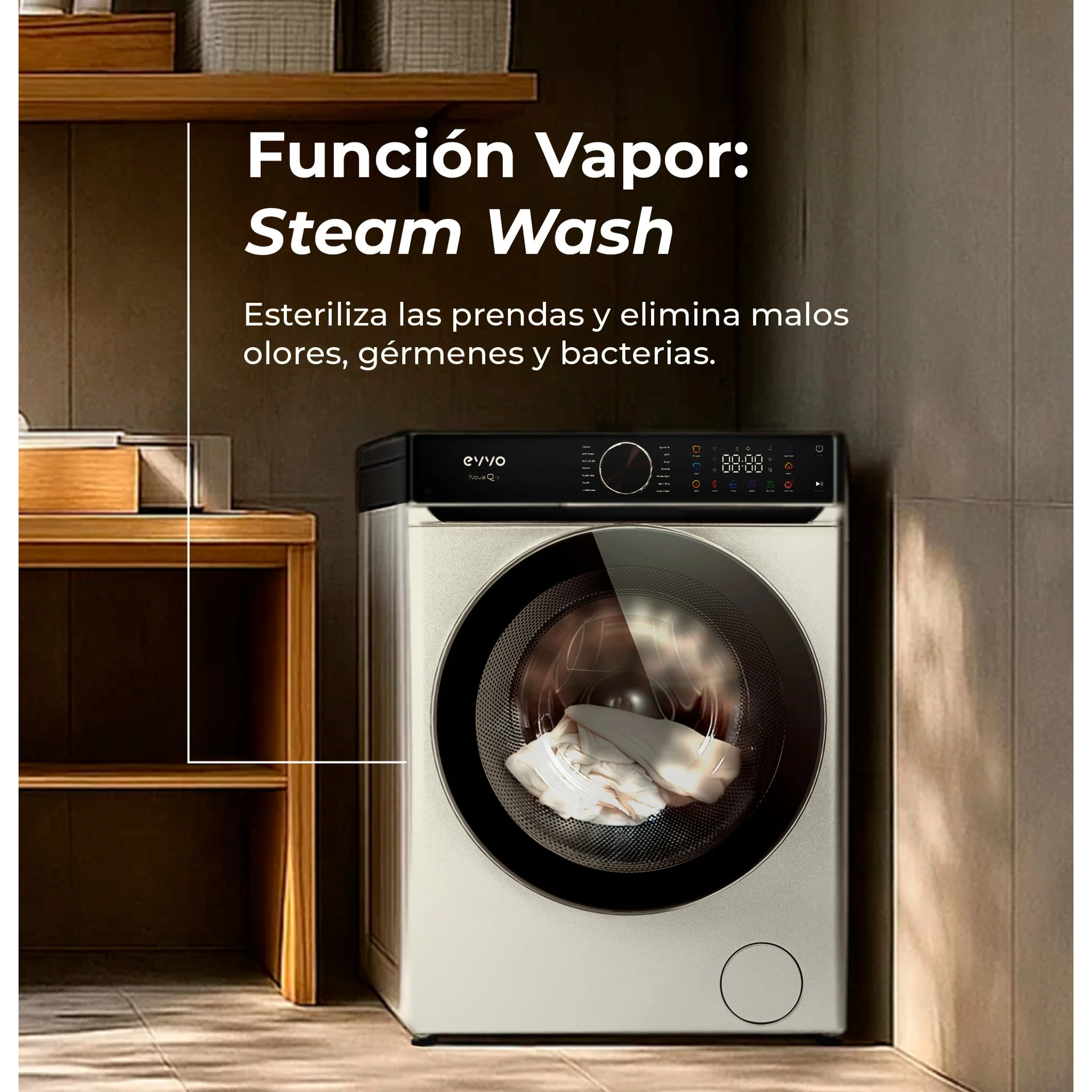 EVVO Lavadora 12 kg Nova Q12, 1400 rpm, Clase A, Motor Inverter eDRIVE, 14 programas, vapor Steam Wash, lavado rápido 15', blanca.