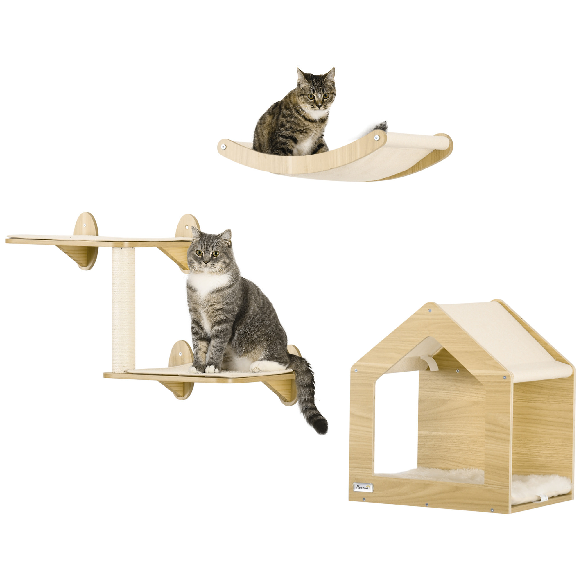 PawHut Estantes para Gatos 3 Piezas Juego de Estantes de Escalada para Gatos Muebles de Pared para Gatos con Caseta Hamaca Plataformas y Poste de Sisal Roble