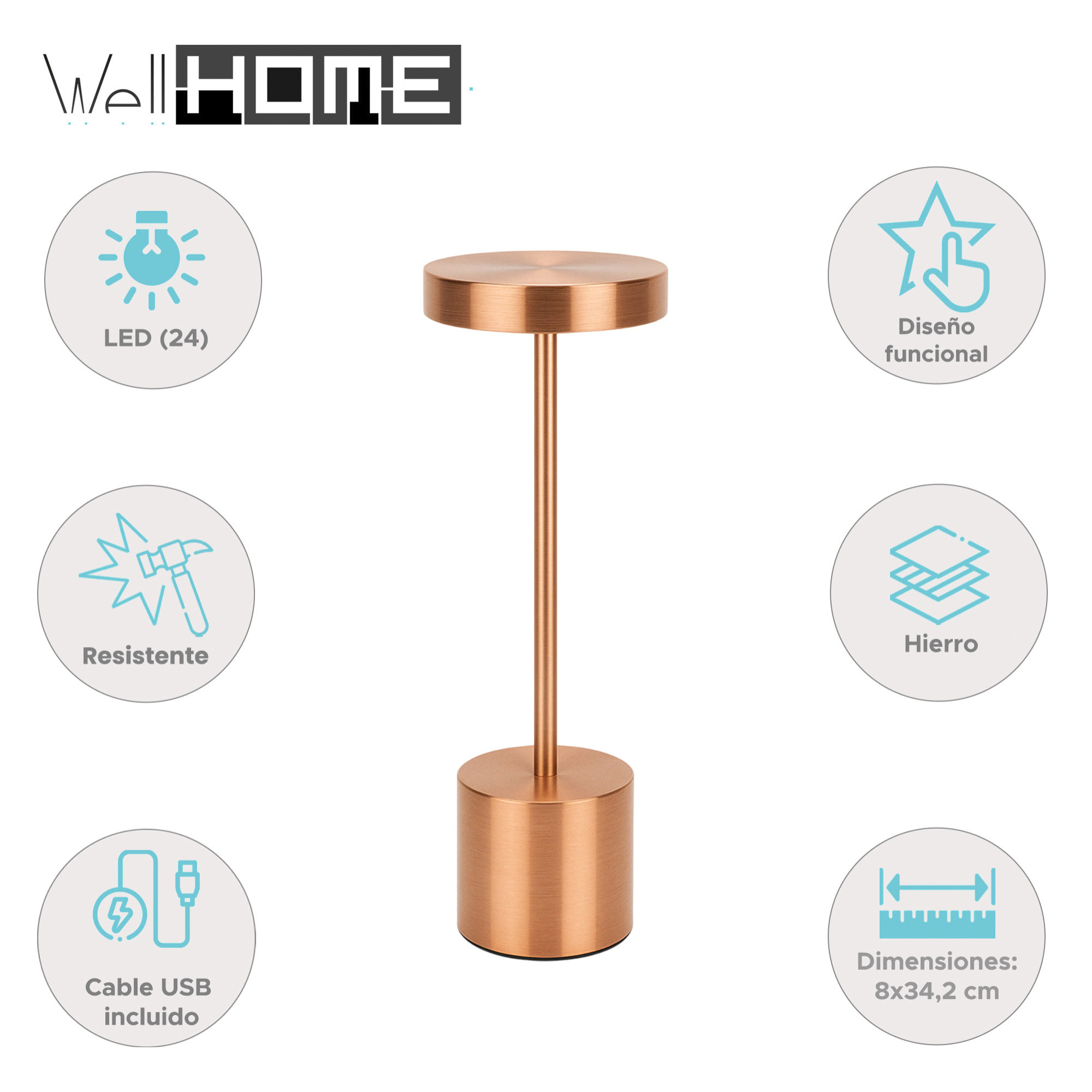 Well Home Lámpara de Mesa color Cobre con 24 luces LED blanco cálido con 3 modos de iluminación Ø8x34,2cm