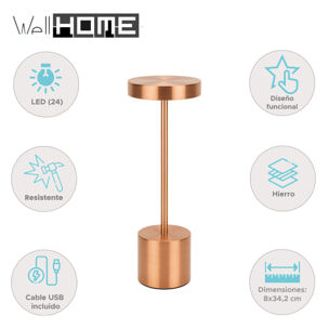 Well Home Lámpara de Mesa color Cobre con 24 luces LED blanco cálido con 3 modos de iluminación Ø8x34,2cm