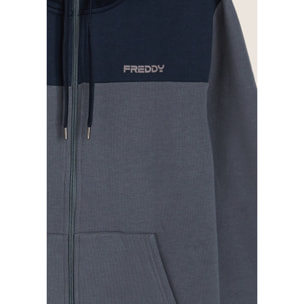 Tuta con cappuccio colour block e fondo a costine