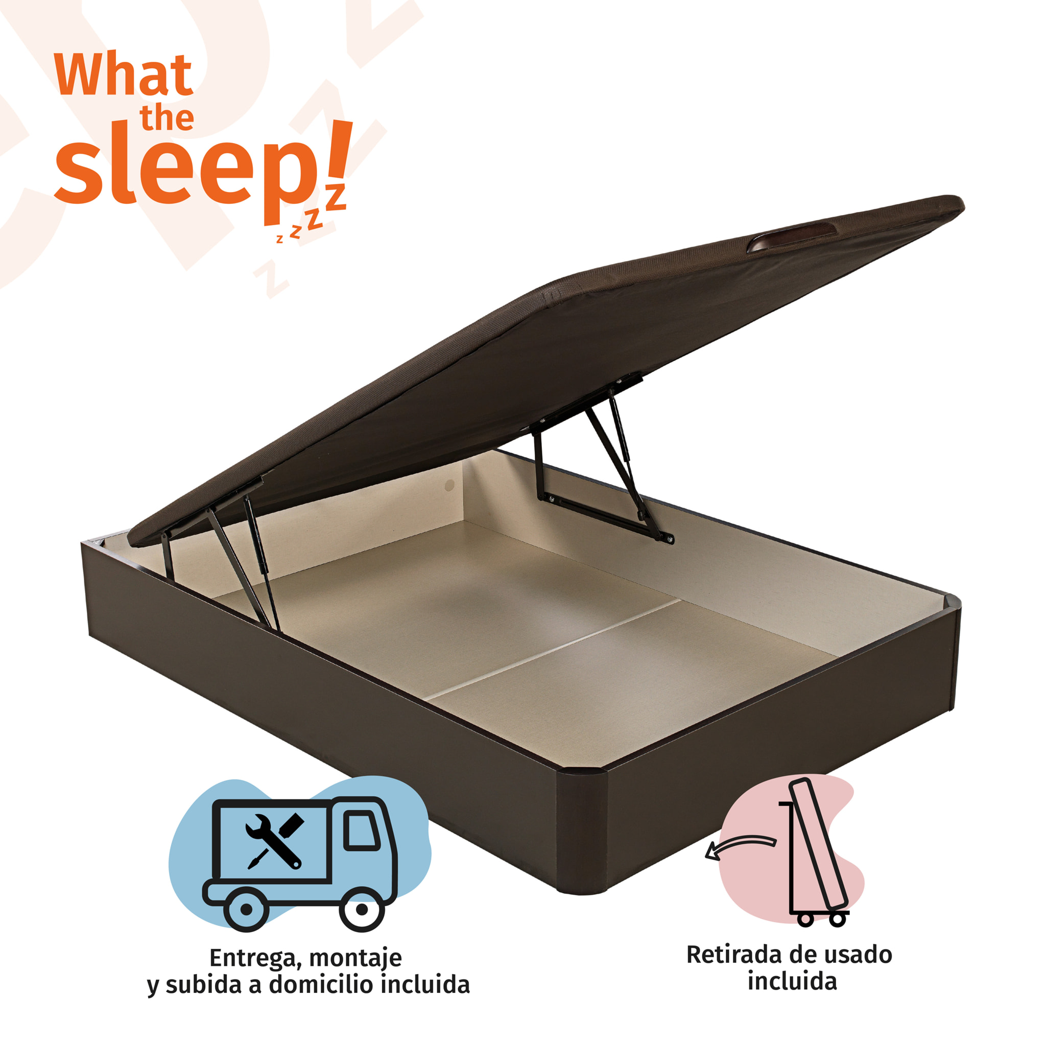 Colchón Viscoelástico Sostenible HR y Canapé Abatible Gran Capacidad Wengué Entrega, Montaje y Retirada usado incluido Pack SOUL · WHAT THE SLEEP