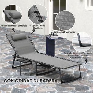 Tumbona Plegable, Tumbona Jardín Exterior con Respaldo Ajustable, Reposacabezas, Bolsillo Lateral, Bandeja y Estructura de Acero, Carga 120 kg para Terraza Piscina Playa, 190x60x31 cm, Gris