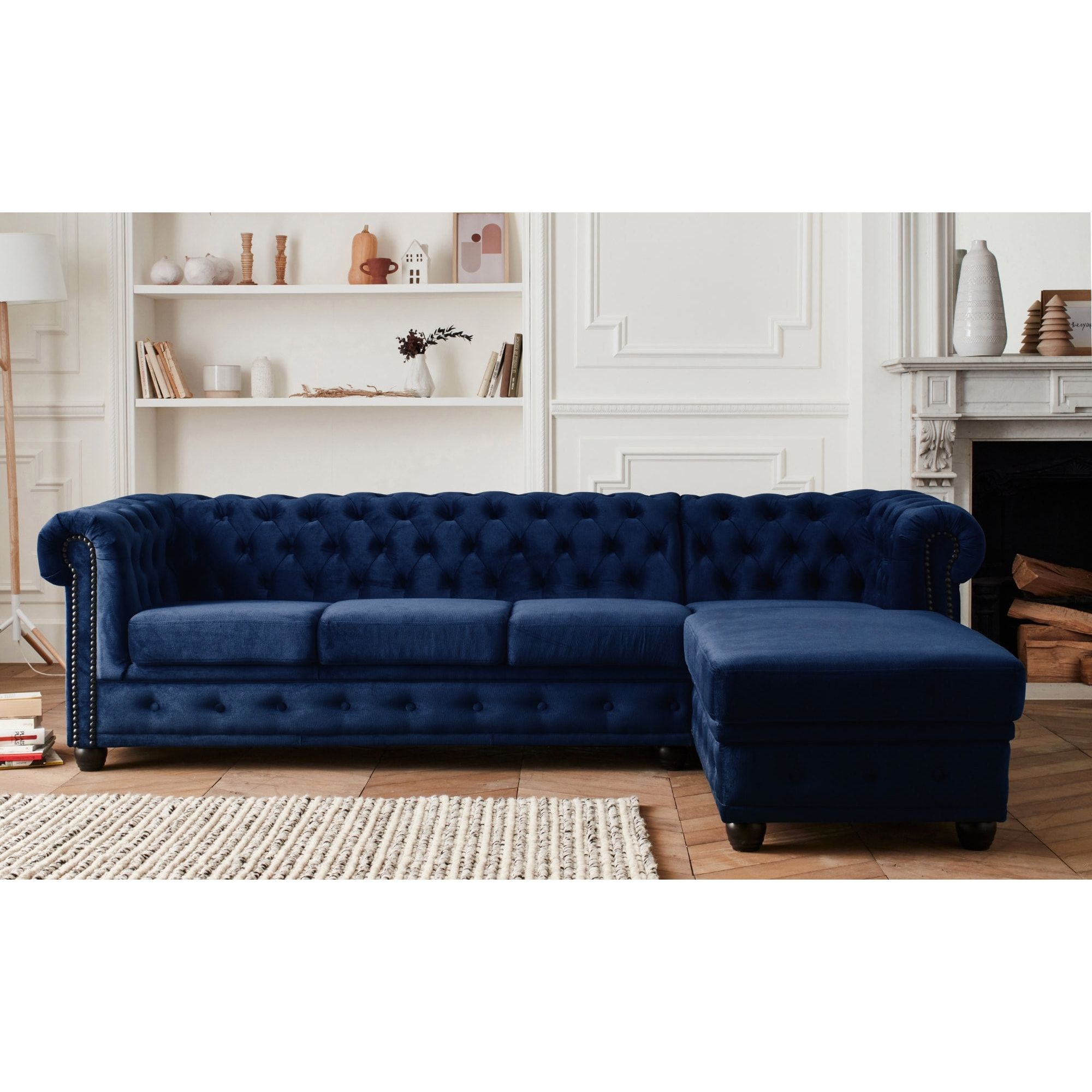 William - canapé Chesterfield d'angle droit - 4 places - en velours - Bleu nuit