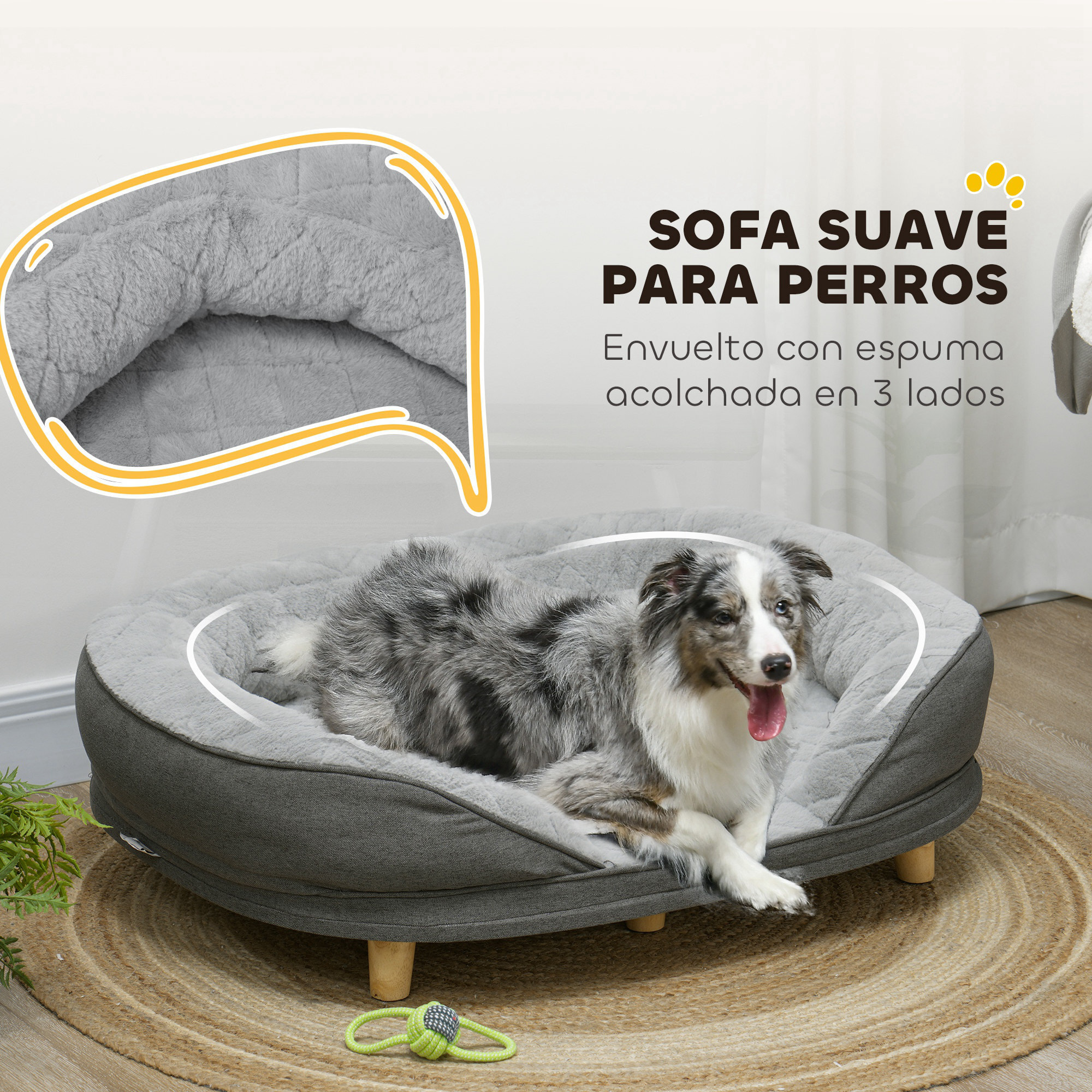 Sofá para Perros Medianos y Grandes Sofá para Mascotas con Parte Superior Desmontable Funda Lavable y Patas de Madera Carga 25 kg 90x78x25 cm Gris