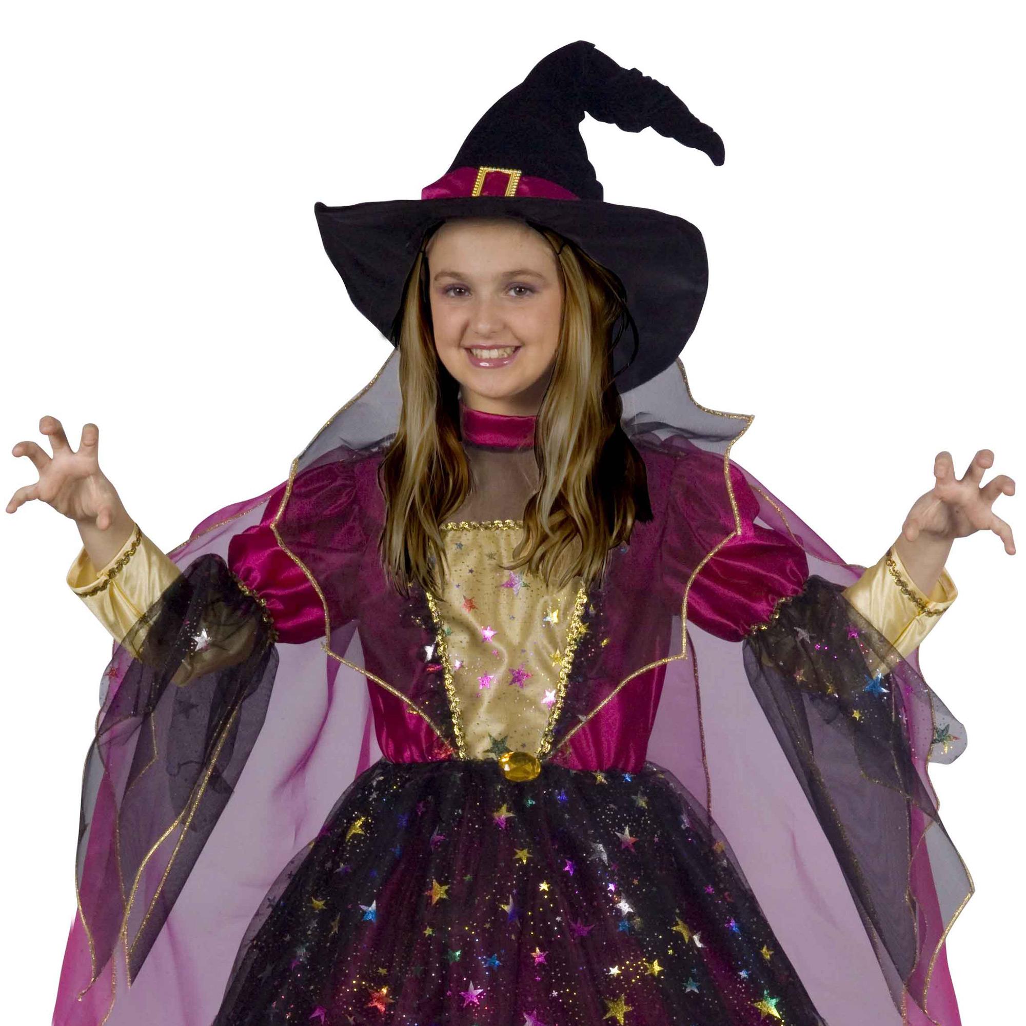 Travestimento Costume Halloween Magica Strega Rosa Oro Nero Bambina