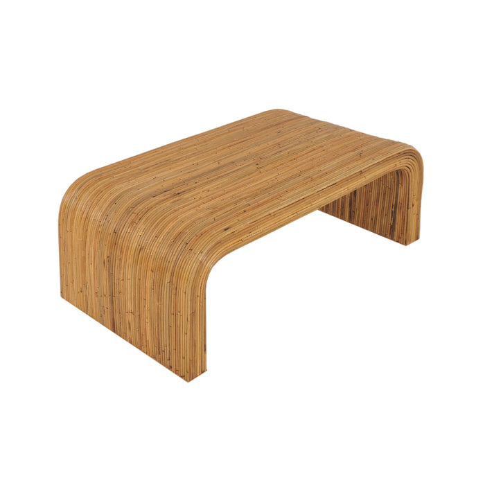 Table basse rectangulaire en rotin naturel. 110cm. bords arrondis. L 110 x P 60 x H 40cm